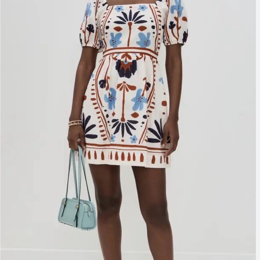 Charming Floral Puff Sleeve Dress - White, Blue, and Brown - Mariana Dress